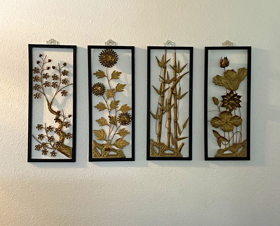 Vintage Mid Century Brass Metal Asian Wall Art Panels - 4 Seasons Set of 4