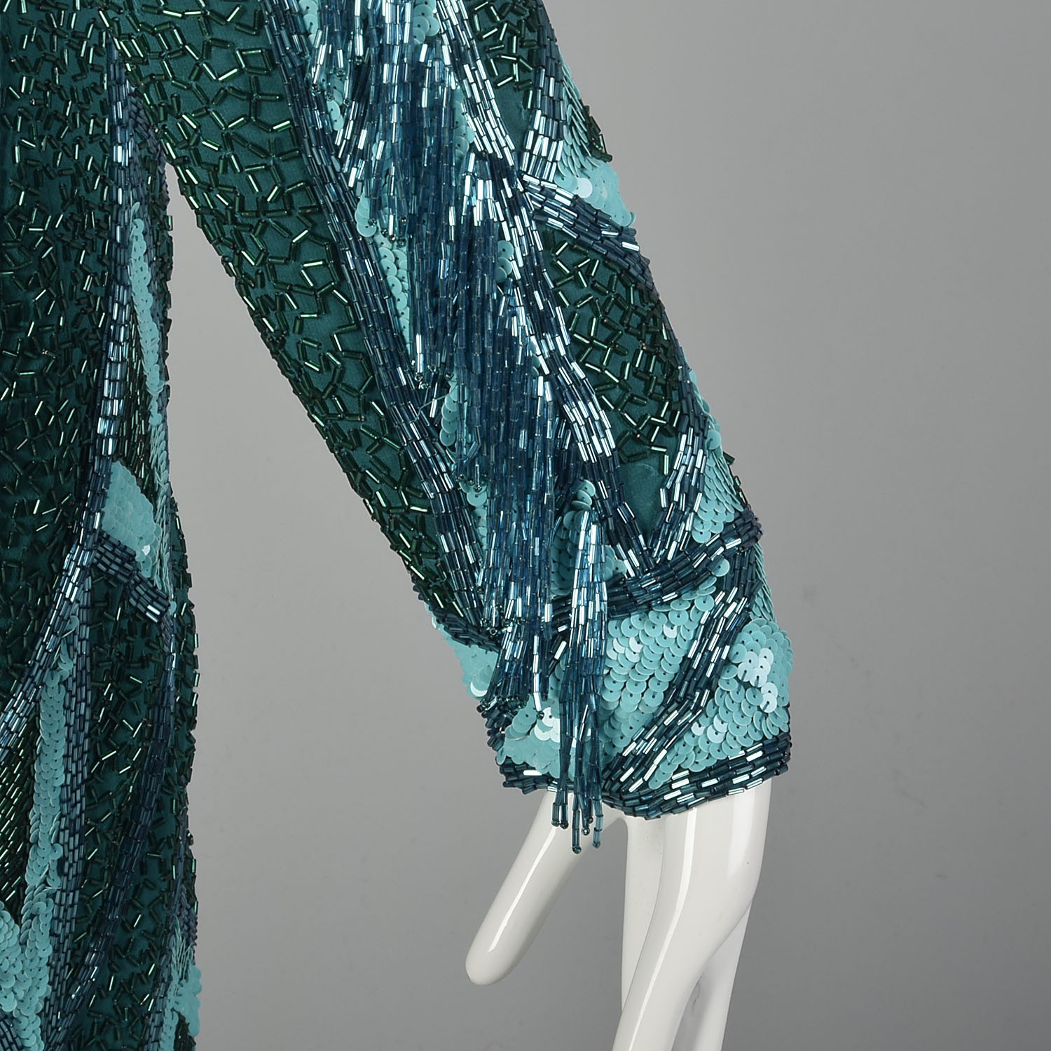 1980s Large Bob Mackie Beaded Gown Caged Back Hi Low Beaded Fringe Hem VTG 80s image 6