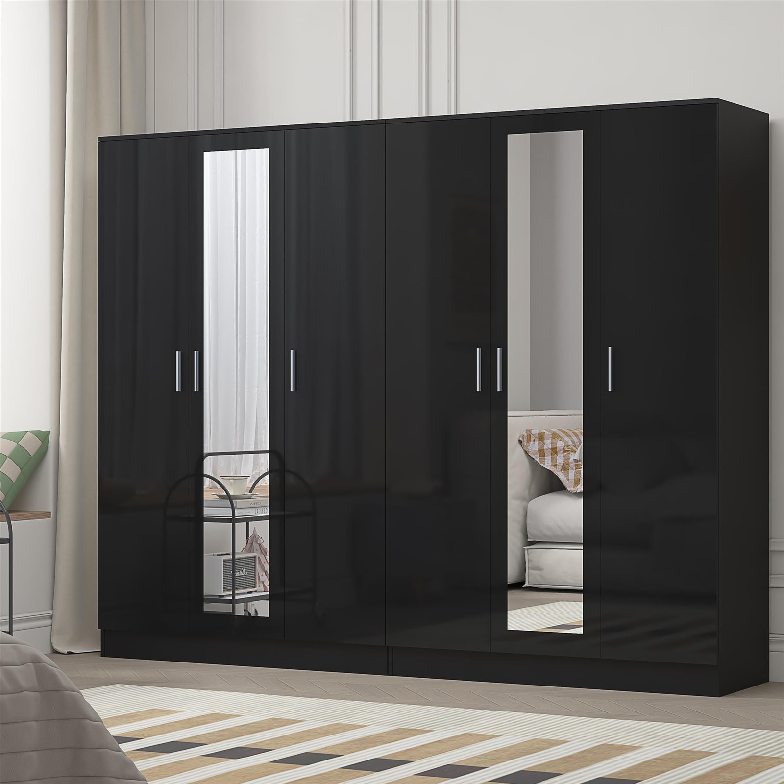 REFLECT 3 Door Mirror + 3 Mirror Door Wardrobe Bundle - Black/Black
