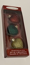 set of 3 Hallmark glass glitter heart Christmas tree ornaments red green gold