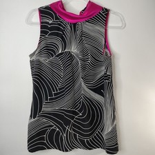 Karen‎ Kane 100% Silk Sleeveless Top Black White Print w/ Pink Trim Women's Med