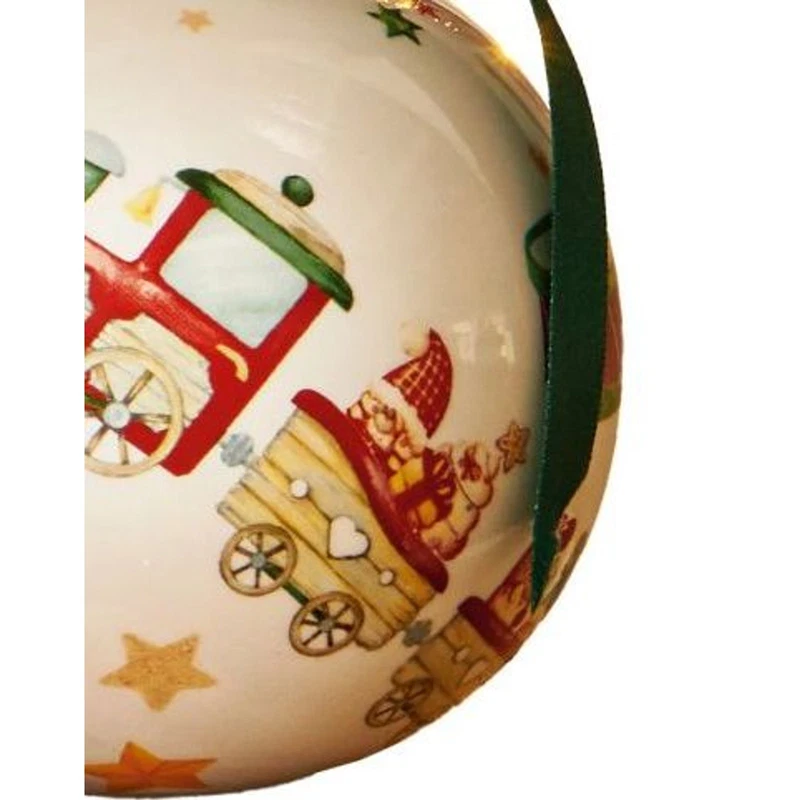 Palla di Natale Ceramica BRANDANI Trenino Decorazione Albero 10 cm Fiocco Raso, fotografia 6 di 9