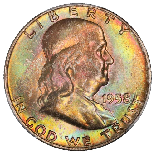 1958-D Franklin Silver Half Dollar PCGS MS-65 FBL Toned End Roll Album Toning