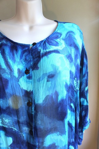Womens 2X 3X Avenue Rayon Crepe Blue Aqua Button Shirt Semi Sheer Short Sleeve - Picture 3 of 8