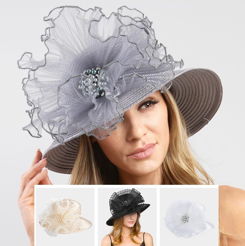 Pearl Bucket Crystal Ribbon Kentucky Derby Wedding Hat  display picture 2