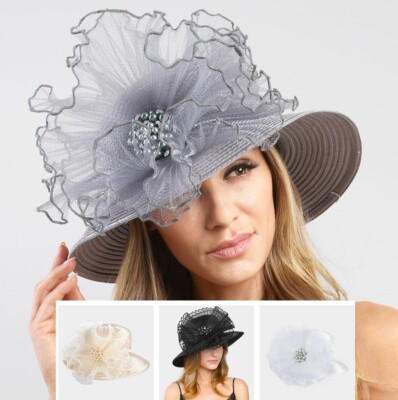 Pearl Bucket Crystal Ribbon Kentucky Derby Wedding Hat 