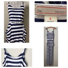 Gap Navy Blue & White Striped Dress Small  Drape Pockets Full Maxi 