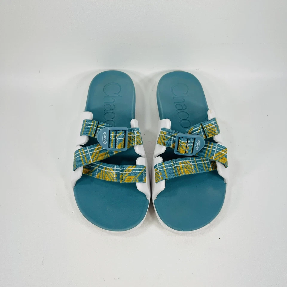 Sandalias Chaco Azul y Blanco a Cuadros Niños Jóvenes Slide Talla 4 Foto 3 de 4