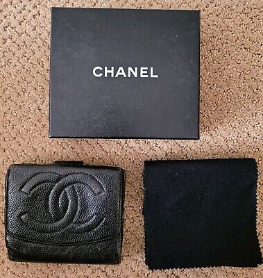 AUTH CHANEL VINTAGE TIMELESS CAVIAR BI-FOLD COMPACT LEATHER WALLET BOX  PREOWNED 