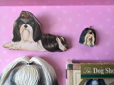 Shih Tzu BROOCH Pin DOG MOM OWNER Gift ART DECO PRINT Pin Fridge Magnet Lot of 4