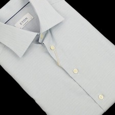 ETON Blue Houndstooth CONTEMPORARY Cotton Linen Wrinkle Free Dress Shirt 17 NWOT