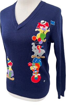 Vtg Cyn Les Shirlee Designs Navy Clowning Around Sweater Thin Knit Size Medium