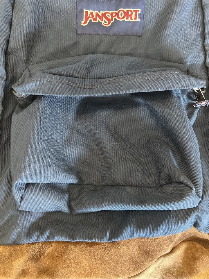 复古 Jansport 背包 墨西哥制造 皮革麂皮绒 底部 90 年代 海军蓝 VGUC — 第 3/4 张图片