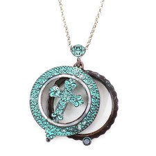 Magnifying Glass  5x Mag Long Women Necklace Pendant Opens Cross Patina