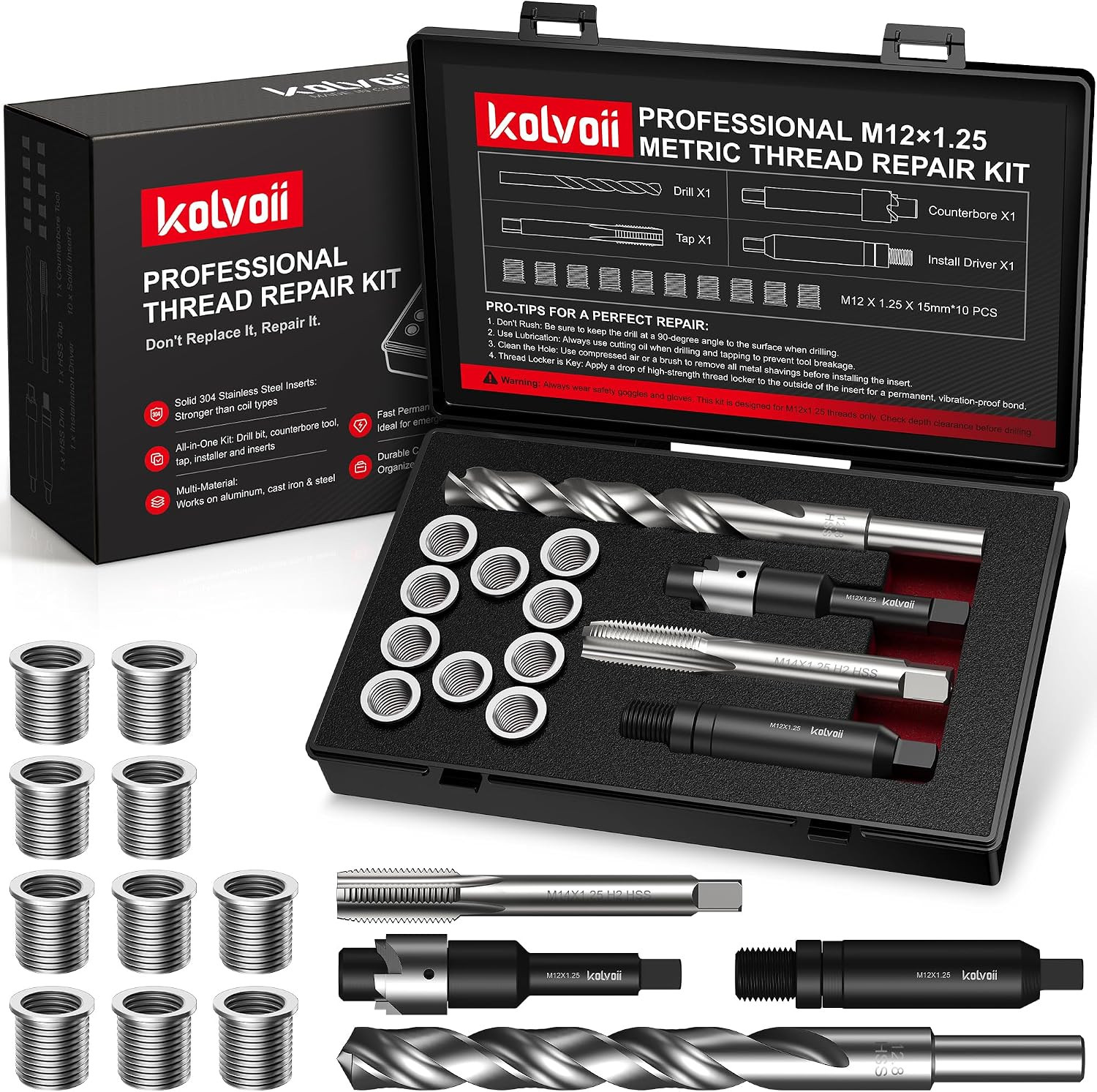 M12X1.25 Thread Repair Kit, 10 Solid 304 Stainless Steel Inserts