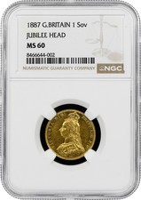 1887 Britain Full Sovereign 0.9170 Fineness Gold 7.9881g Jubilee Head NGC MS 60
