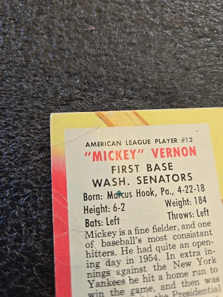 Red Man Tobacco All-Star Team 1955 - Serie de la Liga Americana Mickey Vernon #12 Foto 2 de 3