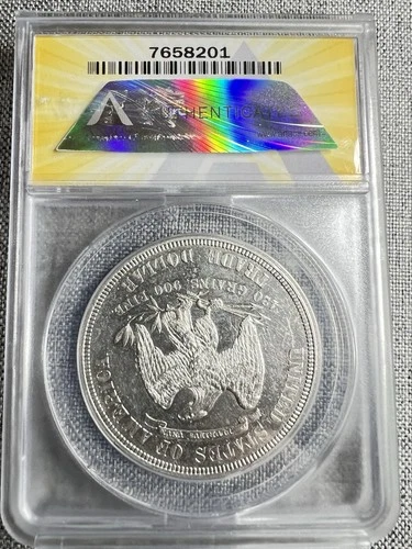 1877 S Seated Liberty Trade Dollar $1.  AU -58 Scratched Cleaned. Nice coin