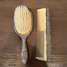 Vintage Ornate Hair Brush Comb Set Silver Plated Vanity Set - Nice Condition