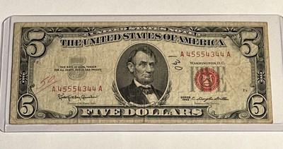 1963 5 Dollar US Note Red Seal W/ *ERROR and RARE SERIAL NUMBER!*