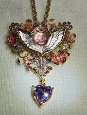 Kirks Folly Style Enchanted Garden Cherub Pin Or  Pendant With Chain Peach Pink
