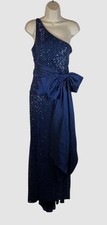 Eliza J Women's Blue Sequin Satin-Bow Pleated One-Shoulder Gown Dress Size 10
