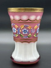 Bohemian Pink Enameled Art Glass Goblet Beaker Gilt Rim Czechoslovakia 5.25"