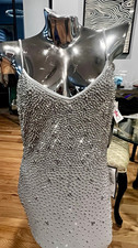XSCAPE Women’s Silver Gray Beaded Rhinestone V-Neck Long Slip Dress 8