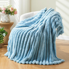 Super Soft Throw Blanket Blue Premium Silky Flannel Fleece 3D Ribbed Jacquard Li