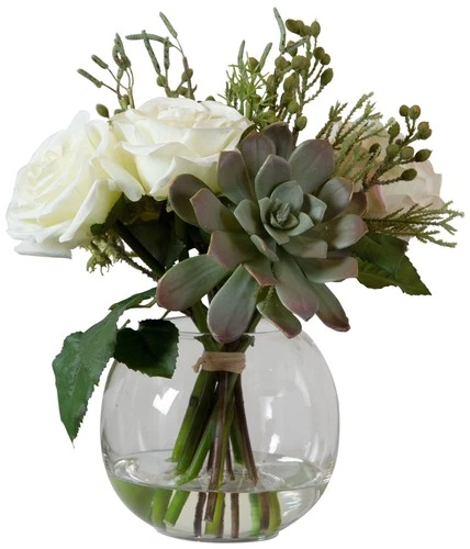 Potted Faux Artificial Cream Rose Green Succulent Flowers in Vase for Home Decor - Picture 2 of 5