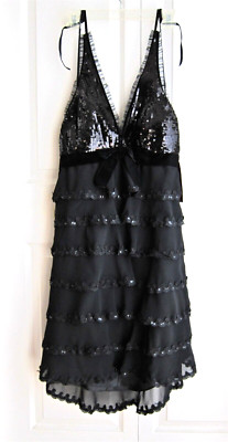 JS Collection Evening Black Dress Size 12 Built-In Bra Layered Embellished - NWT
