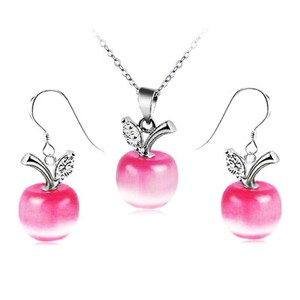 Authentic Apple Jewelry Set 14k White Gold Plated CZ Necklace and Dangle Earring for Women