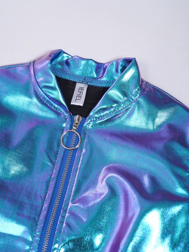 Kids Girls Long Sleeve Outerwear Zipper Closure Striped Edge Bronzing Jacket - Picture 76 of 122