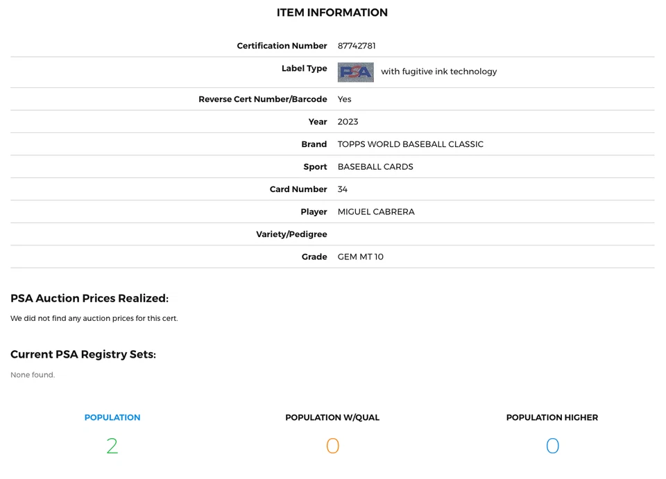 MIGUEL CABRERA * PSA 10 * POP 2 * 2023 TOPPS WBC #34 VENEZUELA DETROIT TIGERS - Image 3 of 3