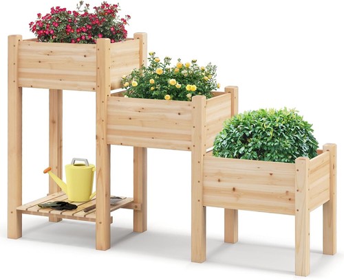 3-Tier Wooden Raised Garden Bed, Elevated Garden Planter with 3 Planter Boxes