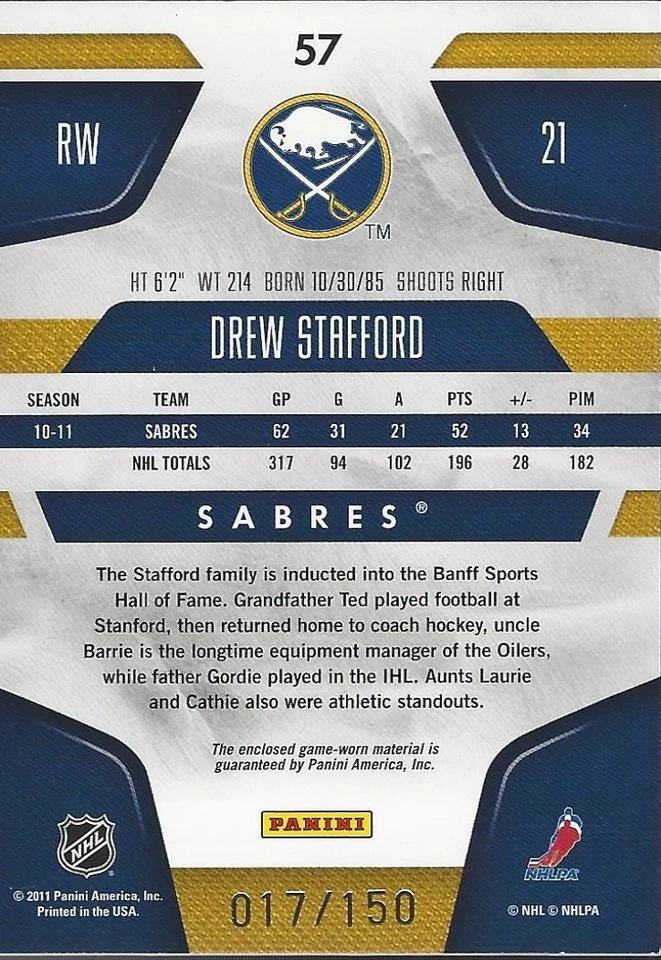Drew Stafford 2011-12 Panini Certified Jersey Relic /150 Buffalo Sabres #57 - Image 2 of 2