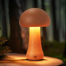 Small Wood Mushroom Lamp, LED Cordless Bedside Touch Lamp, Portable Dimmable ...