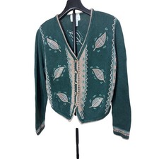Christopher Banks Green Hand Embroidered Leaf Cardigan Sweater Womens Small