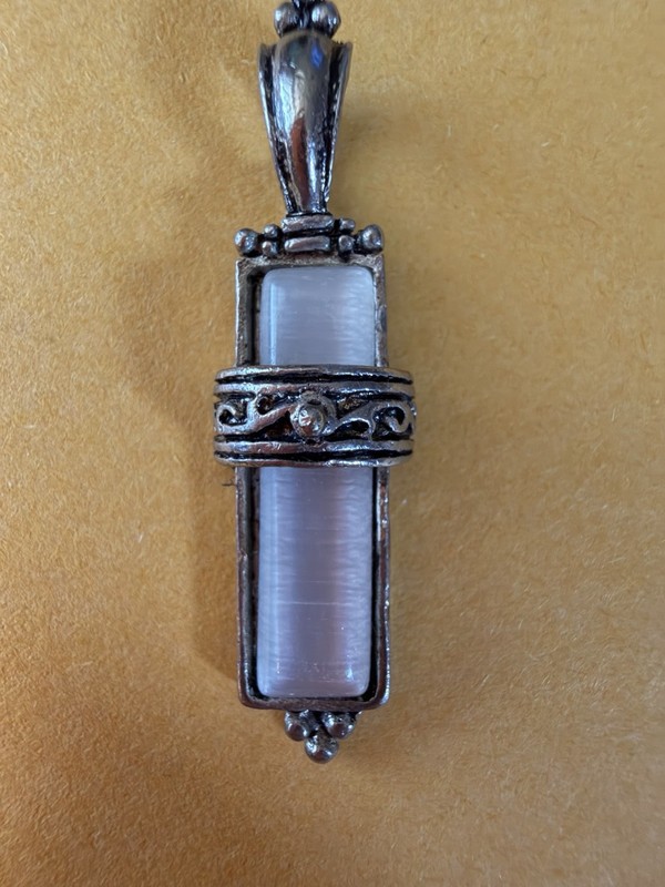 Vintage Satin Spar Gypsum Pewter Necklace Pendant Estate Sale