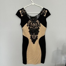 Unbranded Black & Tan BodyCon Dress Women's Size Medium Cap Sleeves