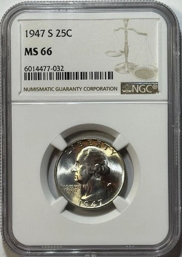 1947-S Washington Silver Quarter 25C – NGC MS66 – Brilliant Luster