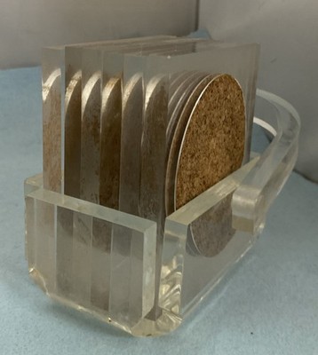 Set Of 6 Vintage Clear Acrylic Lucite Cork Coasters With Caddy.