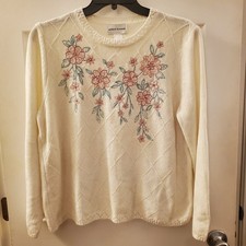 Alfred Dunner Ivory Chenille Sweater L floral embroidery trellis cottage grandma