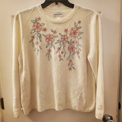 Alfred Dunner Ivory Chenille Sweater L floral embroidery trellis cottage grandma