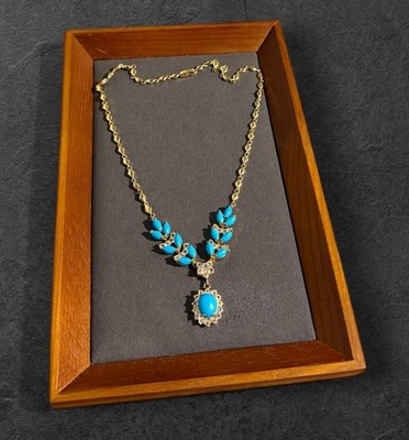 Vintage Halskette 24 Karat vergoldet blaue Glassteine Kragenlänge Tracht