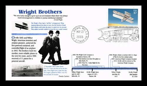 US COVER WRIGHT BROTHERS FIRST FLIGHT CENTENNIAL FDC PANDA THERMOGRAPHED