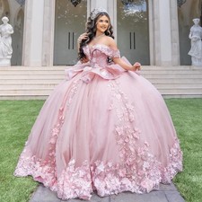 Pink Quinceanera Dresses Off Shoulder Lace 3D Flowers Beaded Ball Gowns Sweet 16