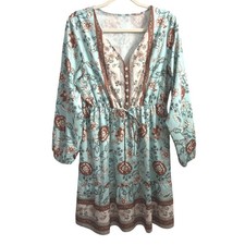 Vestido Campesino Bohemio Floral Manga Larga XL Cottagecore Turquesa Óxido Hippie