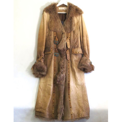 SAGA IBANEZ Shearling Mouton Leather Long Coat Brown Spain Made US L