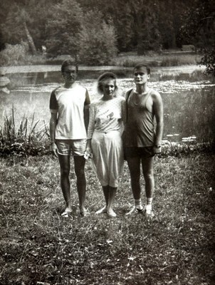 1980s Two Young Muscular Men and Woman Beach Gay Interest Vintage Photo